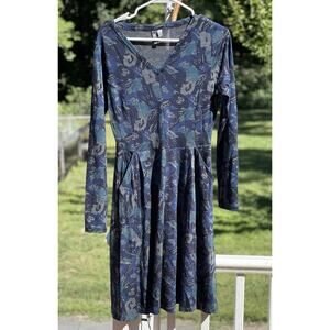 Ibex Wool V-Neck Dress Blue & Green Floral, Autumn, Size Small